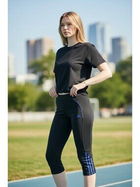 Adidas Striped Capri Leggings For Women Activewear Black/ Blue Large